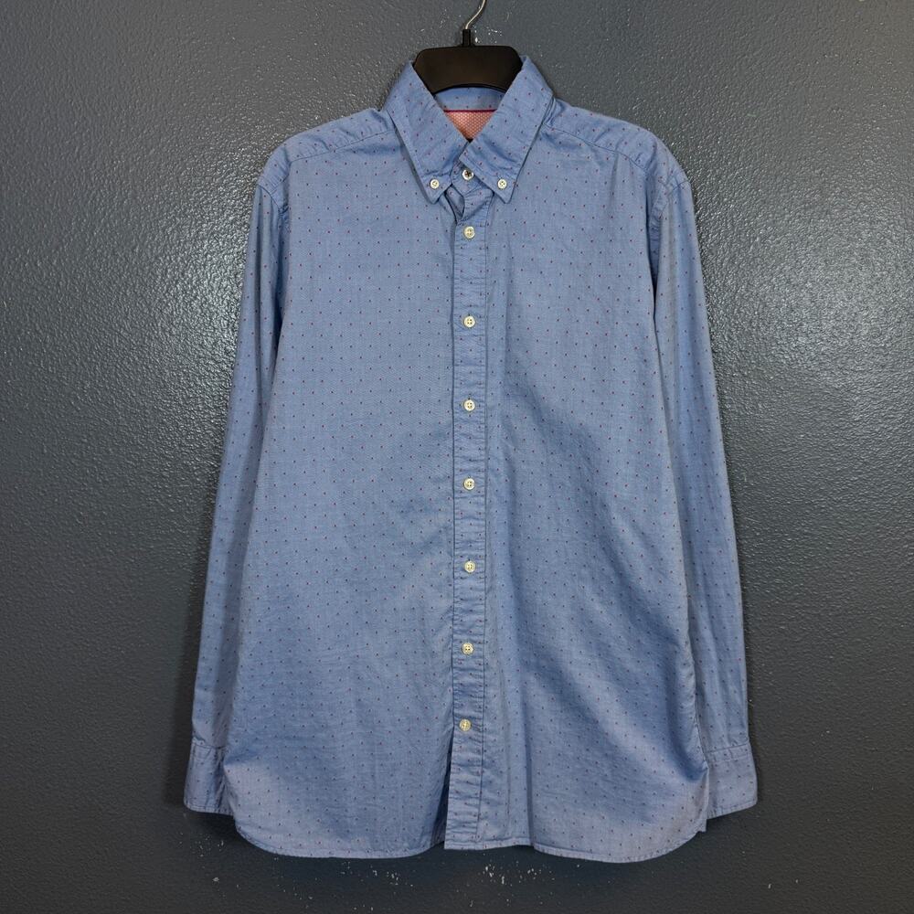 Hackett London M men’s blue polka dot long sleeve button down slim shirt cotton